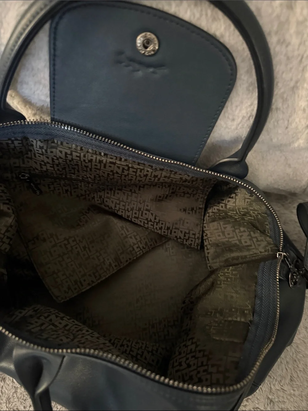 Longchamp Navy Leather Duffel Bag with Detachable Strap